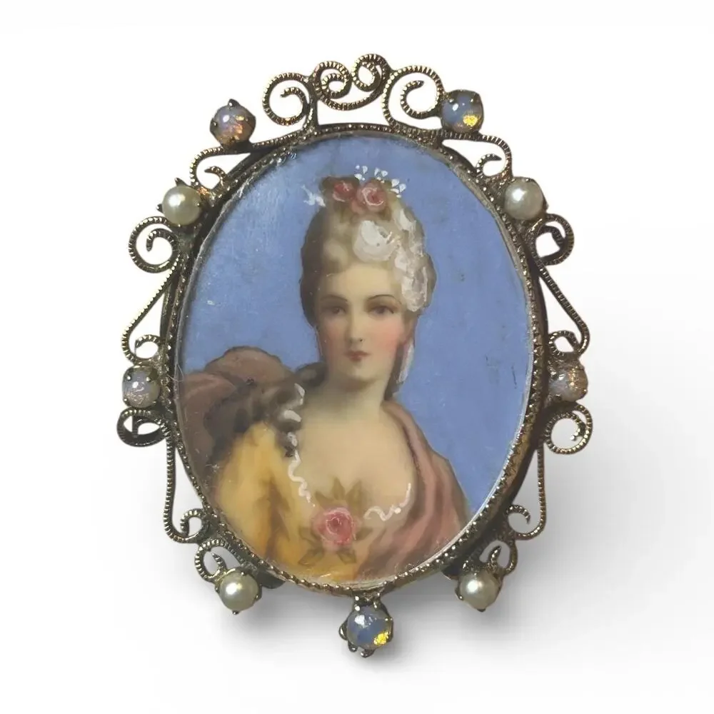 Vintage Original by Robert Hand Painted Lady Miniature Pendant Brooch